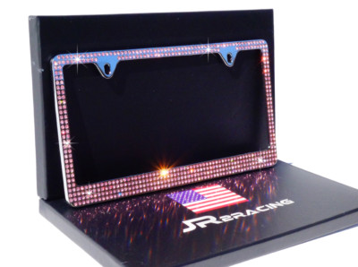 Luxury 4 ROW PINK Crystal Embedded CHROME Metal License Plate Frame GIFT BOX
