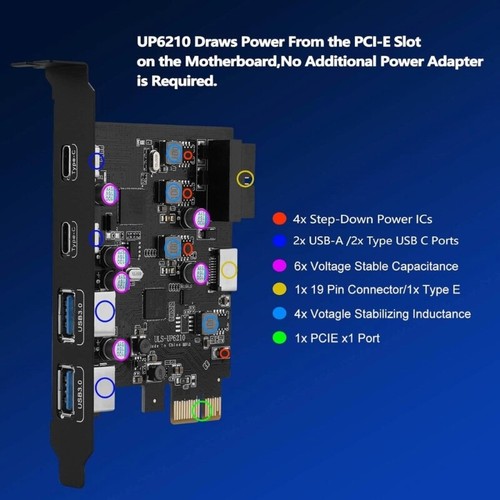 6 Port USB PCIe Card PCIE to Type C (2) USB Type-A (2) Expansion Card for PC - Afbeelding 6 van 8