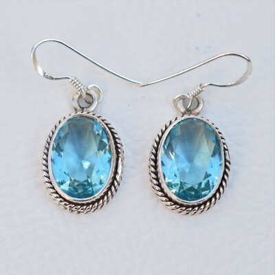 925 Sterling Silver Oval Shape Blue Topaz Stone Handmade Earrings KGJ-E-1023