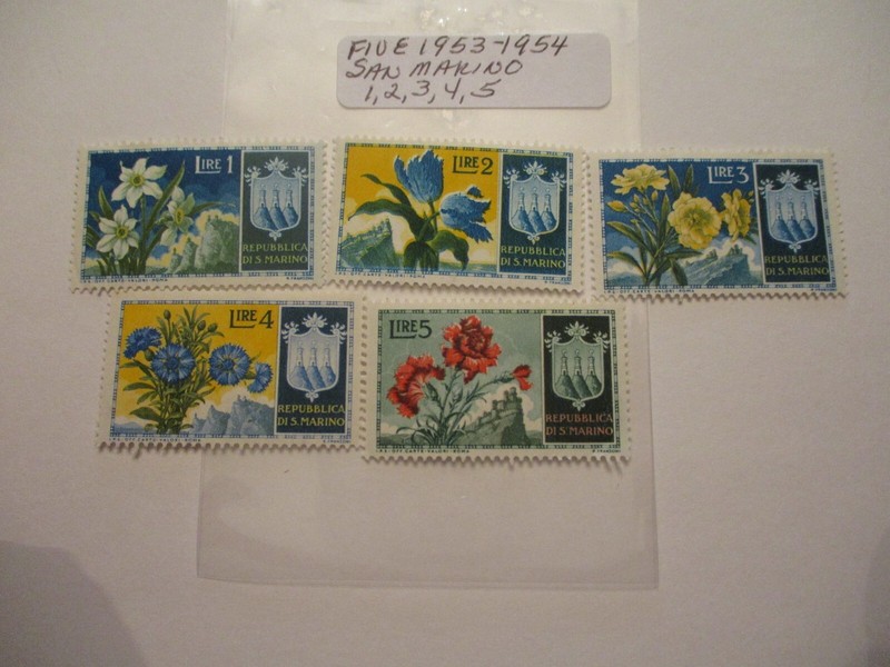 Five 1953-1954 San Marino Postage Stamp -1, 2, 3, 4, 5 Denomination