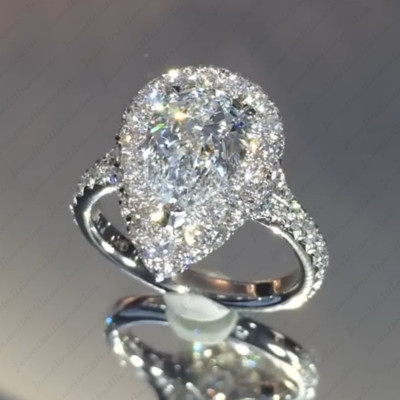 3.40 Ctw Pear Cut Moissanite 14K White Gold Plated Halo Engagement Proposal Ring