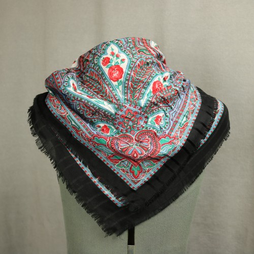 Dark Floral Roses Print Fringed Square Scarf Black Red Blue White 30.5"x30.5" - Picture 2 of 14
