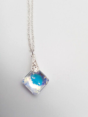 Multi-Colored Diamond Shape Faceted Cut Austrian Crystal Pendant & Necklace