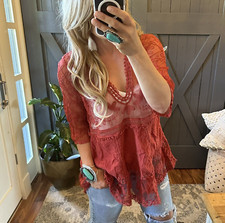 M New Red Lace Crochet Boho Folk Tunic Blouse Top Deep V-Neck Womens MEDIUM OS
