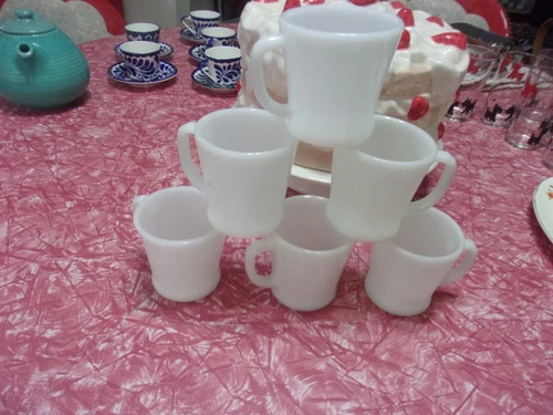 6 Vintage Fire King Ivory Milk White Coffee Mug Cup D-Handle Oven Ware Set