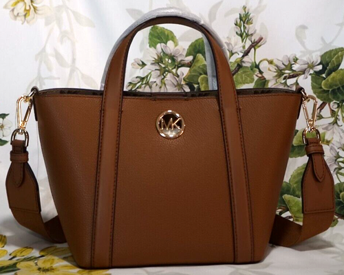 NWT MICHAEL KORS HADLEIGH SMALL T/H Tote Crossbody Bag In LUGGAGE Leather Gold - Picture 2 of 15