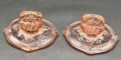 Pair of Heisey Flamingo Pink Little Squatter #99 Candlesticks Great Color
