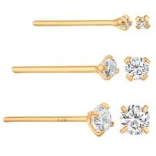 14k Solid Gold Round Cubic Zirconia 12mm Length Bar Prong Setting 20g Nose Stud