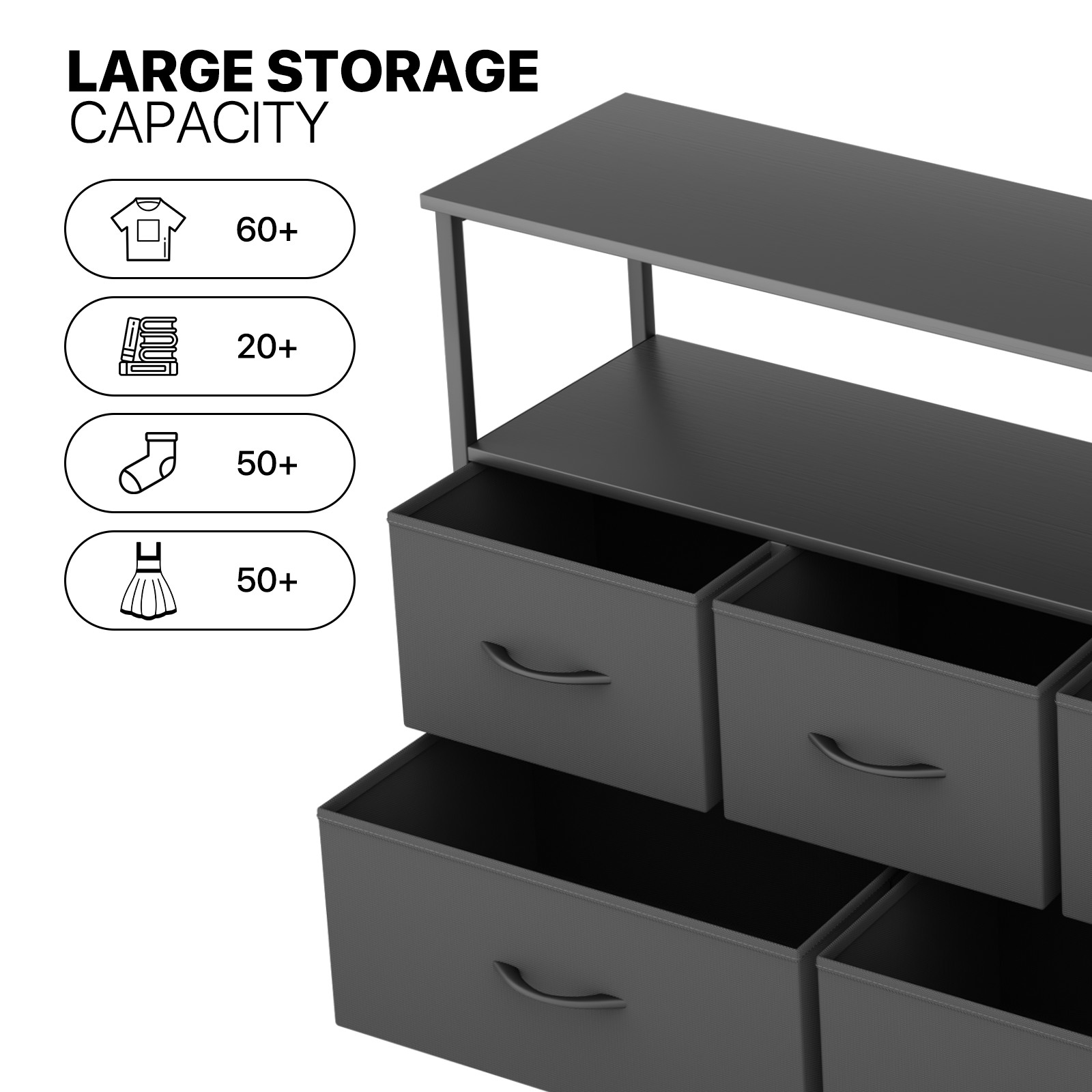 5 Black Drawers Dressers Fabric Chest of Drawers Storage Bedroom Organizer Bins