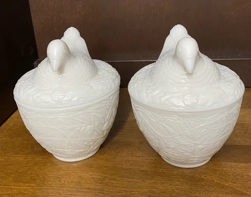 Pair of Vintage Chicken Hen On Nest Trinket Dish Milk Glass  Avon