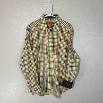 Robert Graham Green Orange Plaid Check Long Sleeve Flip Cuff Button Shirt L