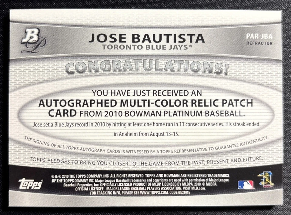 Parche refractor verde platino Bowman 2010 José Bautista automático/199 juego usado Foto 2 de 2