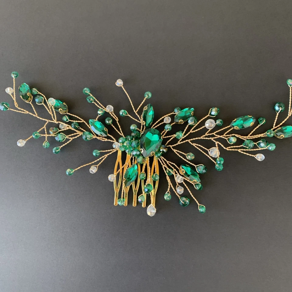 Bridal Green Hair Comb Emerald Hair Vine Malachite Green Wedding Headpiece - Image 4 of 4