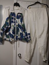 Vintage Track Suit Nylon Athletic Works Womens SZ L Off White Multicolor Unlined
