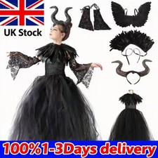 NEW Kids Maleficent Cosplay Costume Dress Headband Set Girl Halloween Outfit UK
