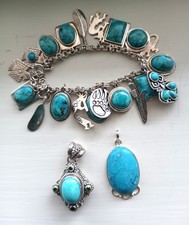 Turquoise and Native American Silver Charm Bracelet +  2 Pendants