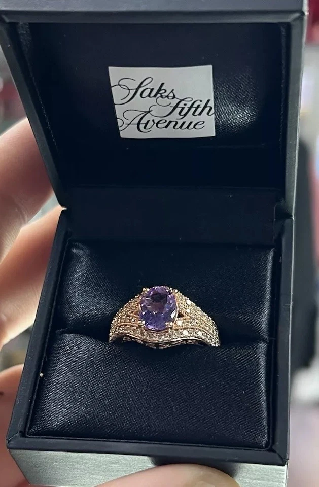 LEVIAN 14k Rose Gold Oval Purple Amethyst Approximately 1 CT Diamond Ring Sz 7 - Image 2 of 4