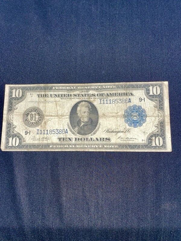1913 $10 Federal Res ERRORS Large Note #I11185386A RARE  BLUE SEAL-HORSE BLANKET