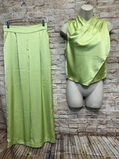 House Of Harlow 1960 2pc Wide-leg Pants Outfit Chartreuse Satin Size S - NWT