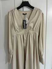 Boohoo maternity occasion satin button front shirt midi Dress champagne gold 10