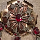 Fred Gray Corp. signed floral flower brooch pin gold tone red oval rhinestone — photo 9