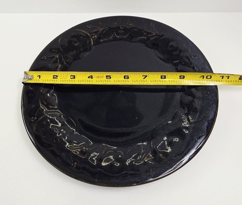 4 Cobalt Blue Glaze Brown Accent Floral Embossed Ceramic Pottery Plates Rustic - Picture 5 of 6