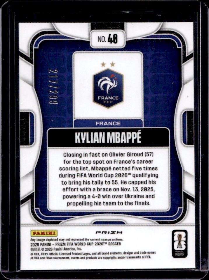 2026 Panini Prizm World Cup Kylian Mbappe Purple Hyper #/299 France view 2