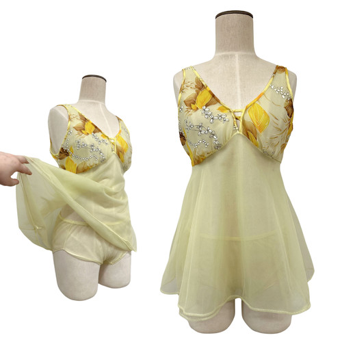 Vintage 1970s Buttercup Yellow Sheer Floral Peignoir Lingerie Set