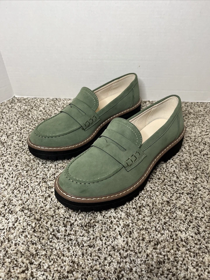Penny Loafers Womens 38 US 7.5 Green Suede Chunky Platform Slip On Casual Shoes - Image 2 of 4