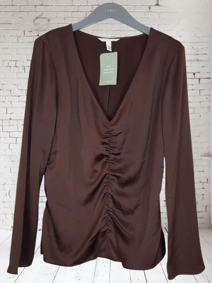 New H&M Brown Satin Gathered Top Size M 10-12 V Neck - Image 3 of 4