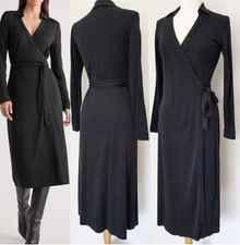 Quince 100% Silk Jersey Midi Wrap Dress Size XS Black Long Sleeve Collared $232