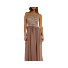 NIGHTWAY LACE-SEQUIN HALTER TOP MAXI DRESS TAUPE/IVORY.