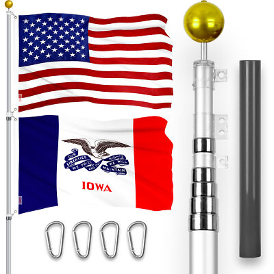 25Ft Telescoping Flagpole Silver & American and Iowa Deluxe Flags Emb 300D 3x5Ft