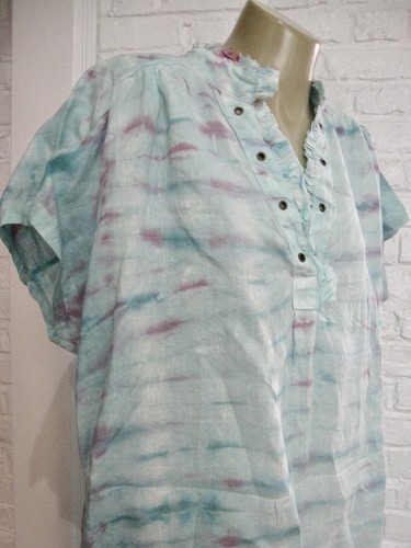 XCVI L Women's Linen Dress Blue Pink Tie Dye Midi Short Sleeve Shift - Picture 3 of 11