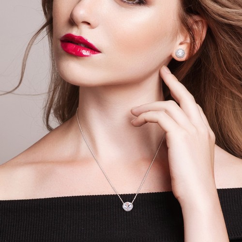 Amour Sterling Silver Created White Sapphire Halo Stud Earrings & Necklace Set - Picture 4 of 5
