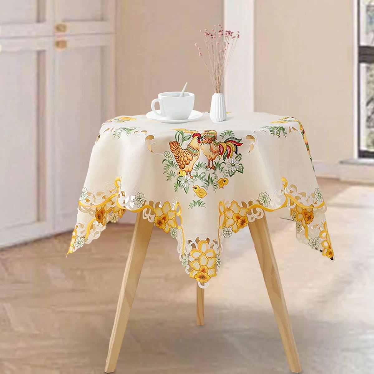 Simhomsen Embroidered Easter Bunny Tablecloth - Round 69 Inch, Floral & Woodland Scene Design For Spring Dining - View #5