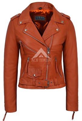 Ladies BRANDO Jacket Orange Biker Style Top Cruiser Napa Leather Jacket