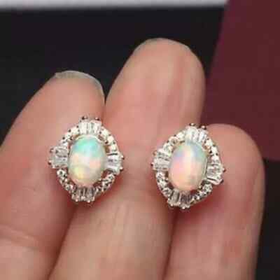 3Ct Oval Cut Fire Opal Diamond Push Back Halo Stud Earrings 14K Yellow Gold Over