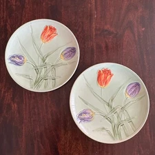 Antique pair Majolica Tulip Plates made in Germany green