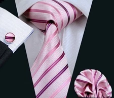 Pink Striped Necktie Set include Handkerchief and Cufflinks (by Hi-Tie)