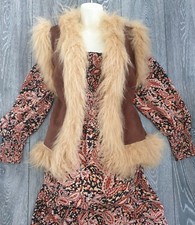 1970s Hippie Afghan Mongolian Faux Fur Oversized Suedette Waistcoat 14 16 18