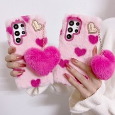 For Samsung Galaxy A32 A13 A53 5G Fluffy Fuzzy Case with Cute Love Heart Ball