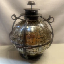 Vintage Mosaic Glass Hanging Lantern Candle Holder Indoor Outdoor Metal Cage