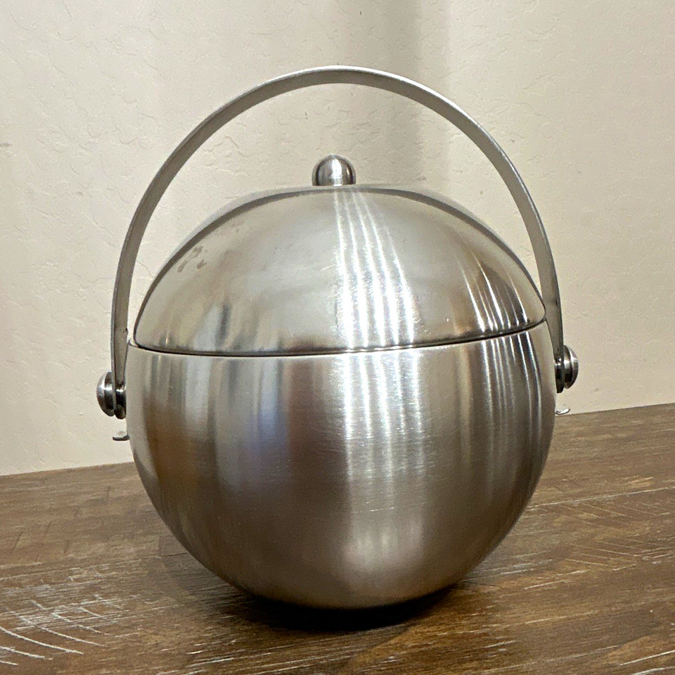 Vintage MCM Sputnik Ball Ice Bucket Stainless Steel Double Wall Lid Handle