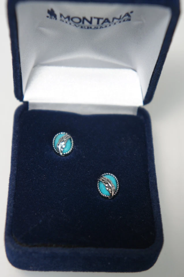 Montana Silversmiths Turquoise Feather Oval Stud Earrings ER5375 New In Box - Image 3 of 4