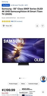 Samsung 55 inch OLED S90F 4K UHD Smart TV with Vision AI - 2025 Model