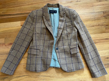 Zara vintage 100 wool tweed blazer women brown check elbow latch jacket