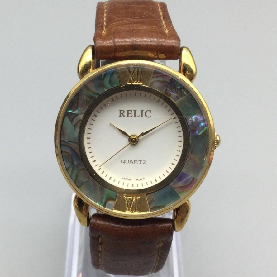 Relic Watch Womens 34mm Abalone Gold Tone Leather Strap ZR36000