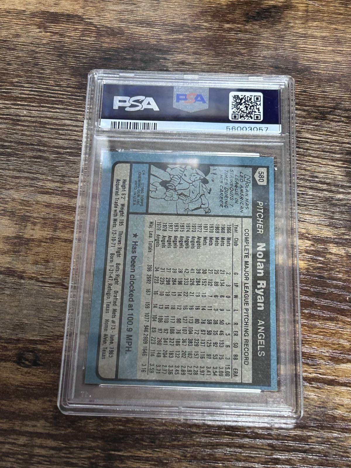 1980 Topps #580 Nolan Ryan PSA 7 NM view 2