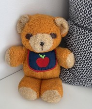 VTG 1975 FISHER PRICE PLUSH FREDDY TEDDY BEAR, APPLE BIB, SQUEAKER 11  Tall
